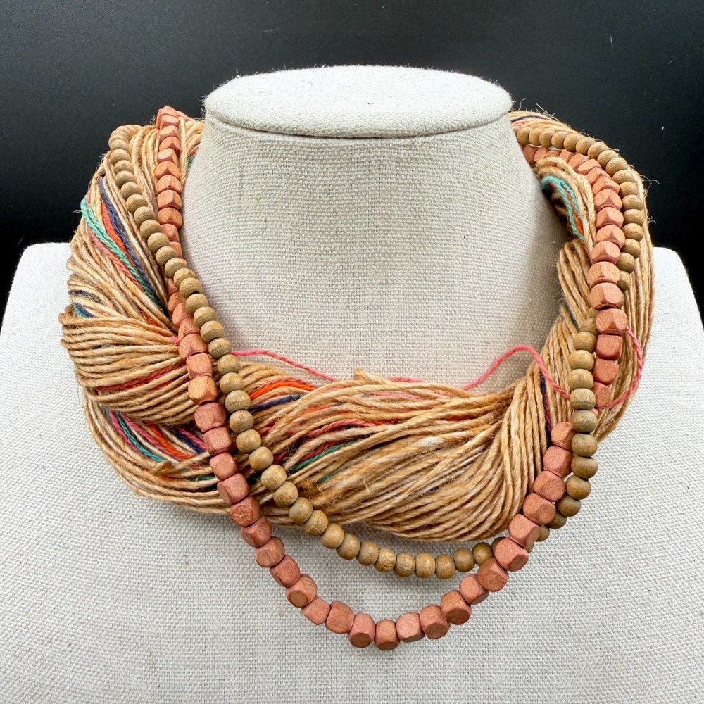 Multi Strand Wood Bead Fiber Yarn Statement Necklace Boho Rustic Artisan Chunky